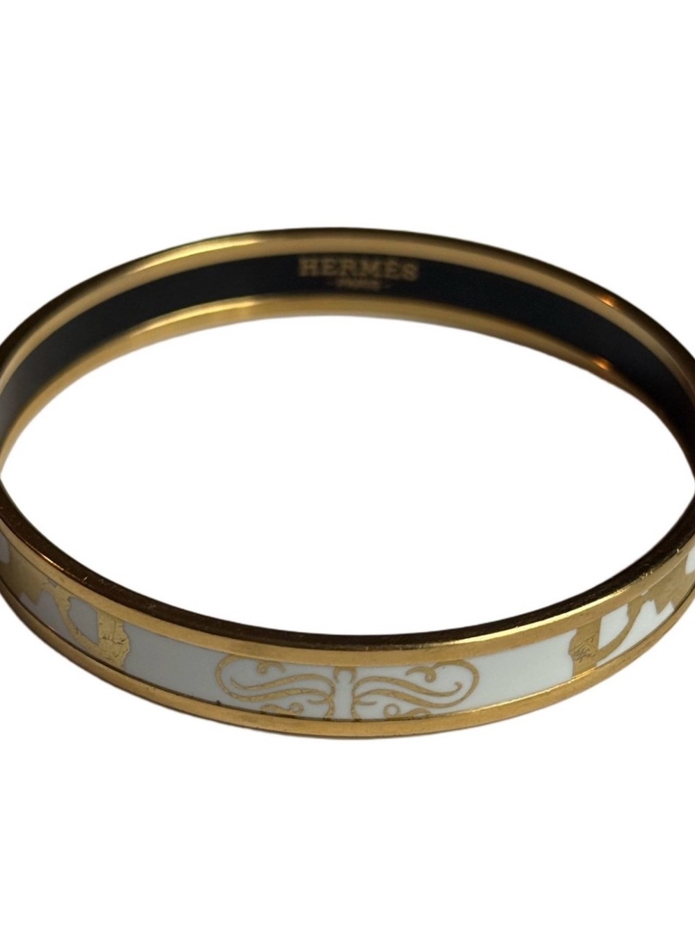 Hermes White and Gold Enamel Narrow Bangle Bracelet